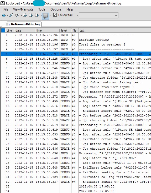 Log viewed with LogExpert